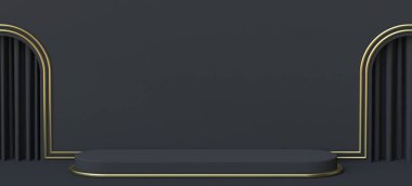 İki perdeli siyah ve altın kapılı soyut arkaplan 3D resimli siyah arka plan