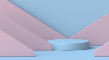 Ürün sunumu için podyumu düzenleyin. Mavi arkaplan üzerinde 3D üçgenler oluşturun.