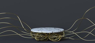 Altın kablolar üzerinde soyut arkaplan beyaz bilye siyah arkaplan üzerinde üç boyutlu resimleme