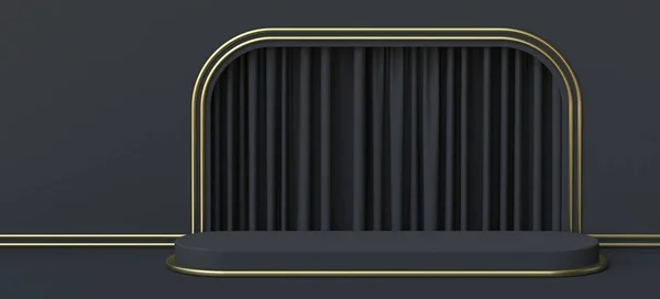 带黑色窗帘3D的金色背景舞台在黑色背景上做了说明 — 图库照片