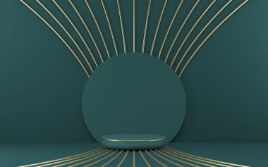 Mock up podium for product presentation circle with golden radial lines 3D render illustration on green background clipart