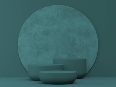 Ürün sunumu için üç podyum ve yeşil arkaplan üzerine üç boyutlu resimleme ile dokulu çember oluşturun