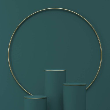 Ürün sunumu için podyumu hazırlayın. Yeşil arka planda üç silindir ve üç boyutlu altın yüzük çizimi