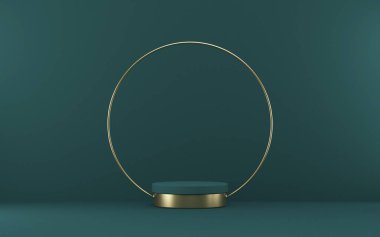 Ürün sunumu için podyumu hazırlayın. Yeşil zemin üzerinde 3D görüntüleme