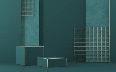 Mock up podium for product presentation rectangular shapes and golden lattice 3D render illustration on green background clipart
