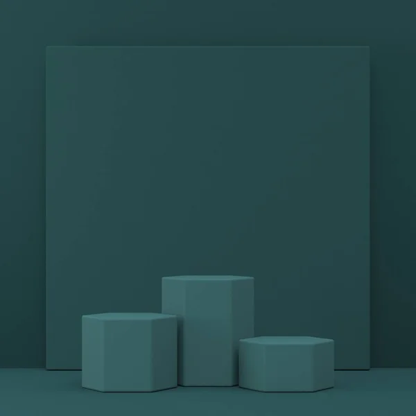 Mock up podium for product presentation hexagonal stands on square shape 3D render illustration on green background