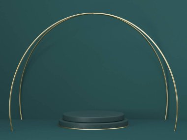 Ürün sunumu için podyumu hazırlayın. Yeşil arkaplanda 3D çapraz yay çizimi