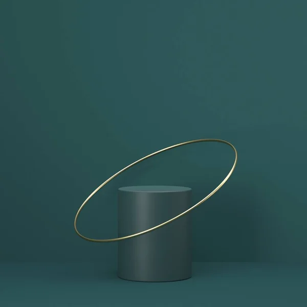 Makieta Podium Prezentacji Produktu Cylinder Złoty Pierścień Renderowania Ilustracja Zielonym — Zdjęcie stockowe