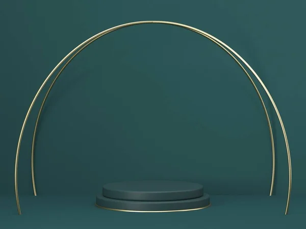 製品発表のための表彰台をモックアップ黄金の円弧緑の背景に3Dレンダリングイラスト — ストック写真
