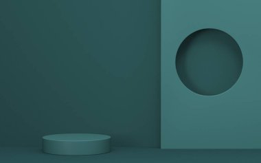 Ürün sunumu için podyumu dikdörtgen duvar 3D çizim resimli yeşil zemin üzerinde çember deliğiyle düzenle