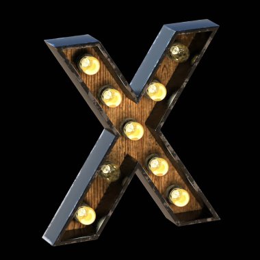 Ampul yazı tipi Harf X 3D resimleme siyah arkaplan üzerinde izole