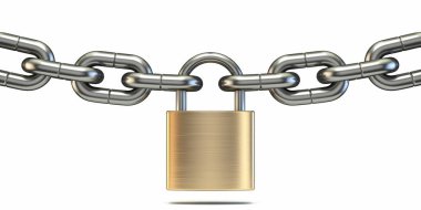 Çelik zincirli pirinç kilit, beyaz arkaplanda 3 boyutlu çizim izole edildi