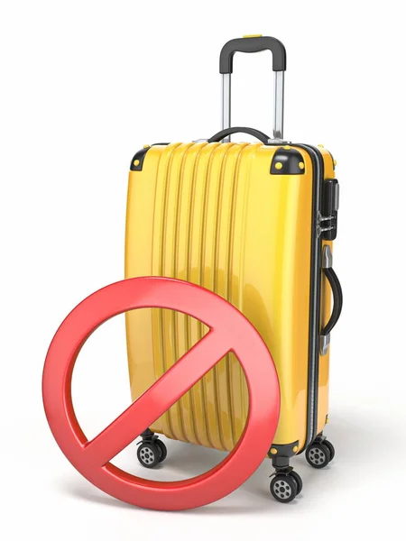 Κίτρινη Βαλίτσα Και Κόκκινο Σήμα Απαγόρευσης Κύκλο Καθιστούν Εικόνα Απομονωμένη — Φωτογραφία Αρχείου