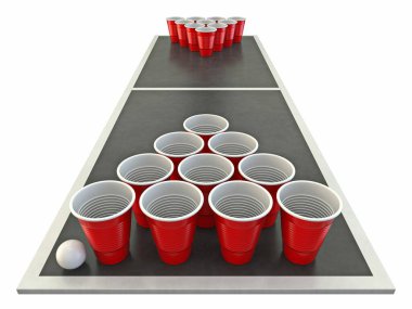 Bira pong tablosu Beyaz arkaplanda izole edilmiş 3B görünüm çizimi
