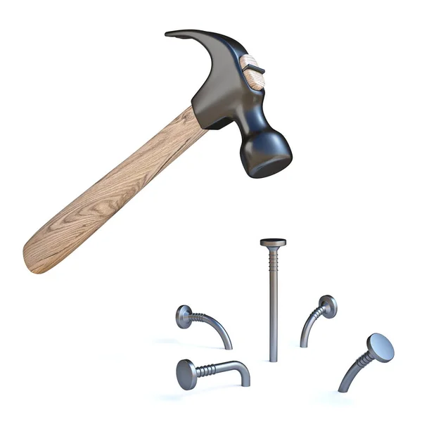 Hammer Und Nägel Renderillustration Isoliert Auf Weißem Hintergrund — Stockfoto