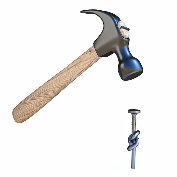 Hammer Versucht Geknoteten Nagel Render Illustration Auf Weißem Hintergrund Isoliert — Stockfoto