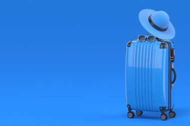 Mavi bavul ve 3D çizim mavi arka planda izole edilmiş.