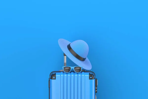 Blauwe Koffer Met Zomerhoed Zonnebril Erop Weergave Illustratie Geïsoleerd Blauwe — Stockfoto