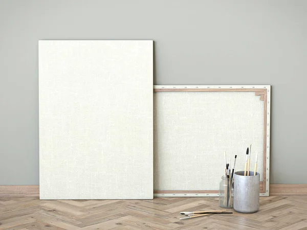 Mock Blank Art Canvas Wooden Floor Render Illustration — Stock Photo, Image