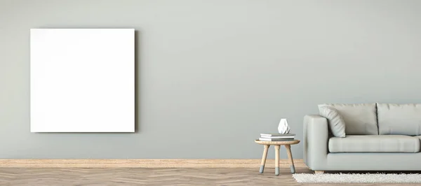 Mock Blanco Vierkante Fotolijst Met Bijzettafel Beige Bank Weergave Illustratie — Stockfoto