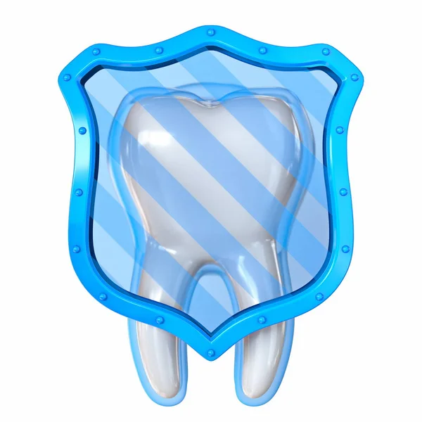 蓝盾3D图形的牙齿保护概念在白色背景下被隔离 — 图库照片
