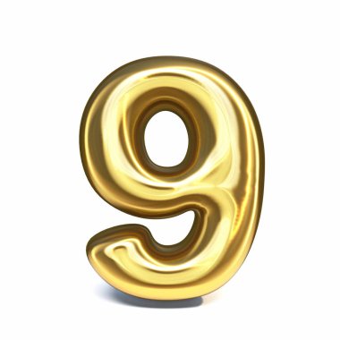 Altın yazı tipi 9 NINE 3D resimleme beyaz arkaplan üzerinde izole