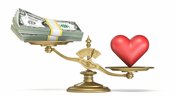 Heart Dollar Bills Golden Scale Render Illustration Isolated White Background — Stock Photo, Image