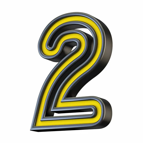 Yellow Black Outlined Font Number Two Rendering Illustration Isolated White — Stock Fotó