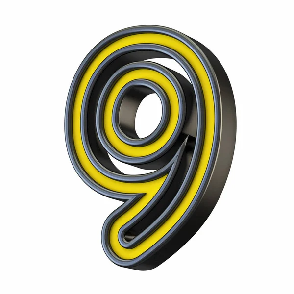 Κίτρινο Μαύρο Περίγραμμα Γραμματοσειρά Αριθμός Nine Απόδοση Εικονογράφηση Απομονωμένη Λευκό — Φωτογραφία Αρχείου