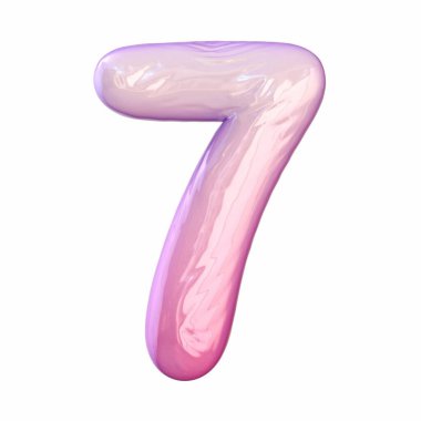 Pembe lateks parlak yazı tipi numara 7 SEVEN 3D resimleme beyaz arkaplanda izole
