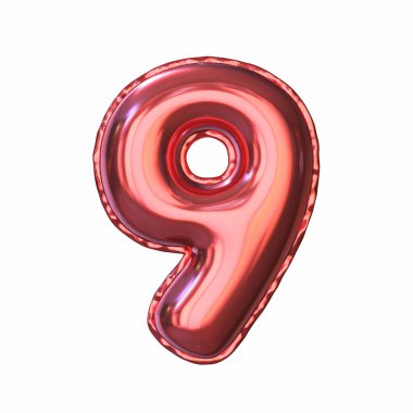 Kırmızı metalik balon yazı tipi numara 9 NINE 3D görüntüleme beyaz arkaplan üzerinde izole