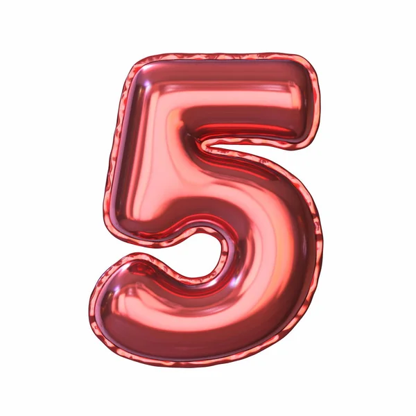 Red Metallic Balloon Font Number Five Rendering Illustration Isolated White — Stock Photo, Image