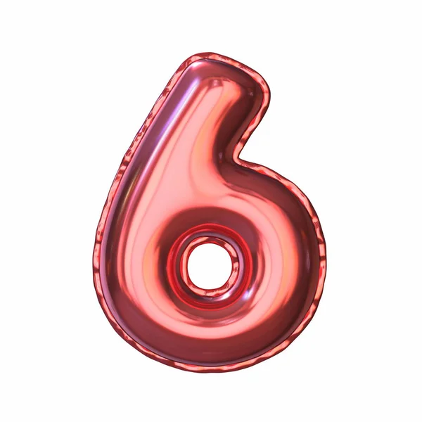 Red Metallic Balloon Font Number Six Rendering Illustration Isolated White — Stock Photo, Image