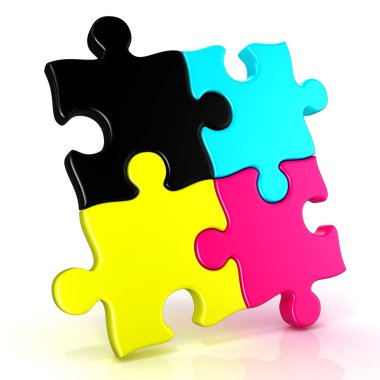 Dört Cmyk jigsaw puzzle parçaları. Beyaz bir arka plan üzerinde izole