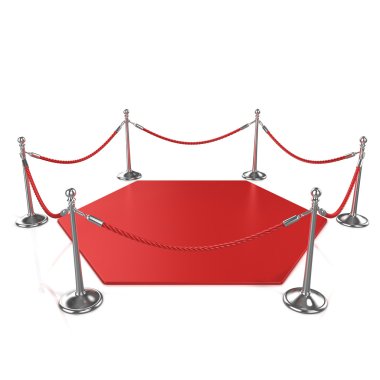 Kırmızı altıgen halı kırmızı ip ve beyaz arka plan üzerinde izole gümüş sütun ile çevrili