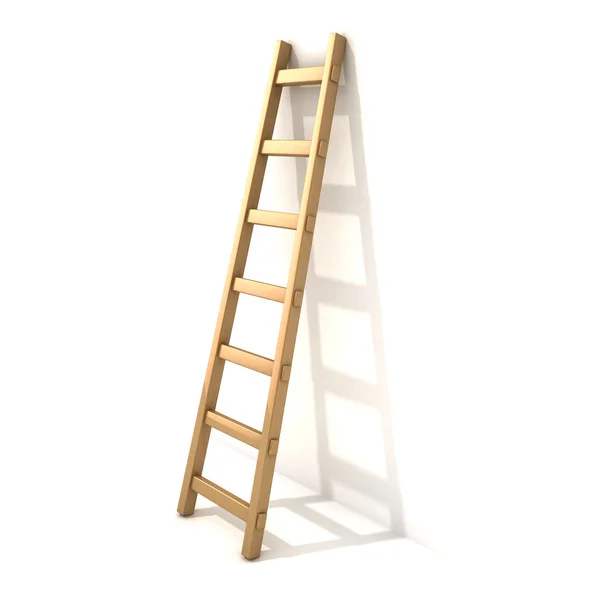 Wooden ladder, near white wall. 3D render illustration isolated on white background. — Stock Photo, Image