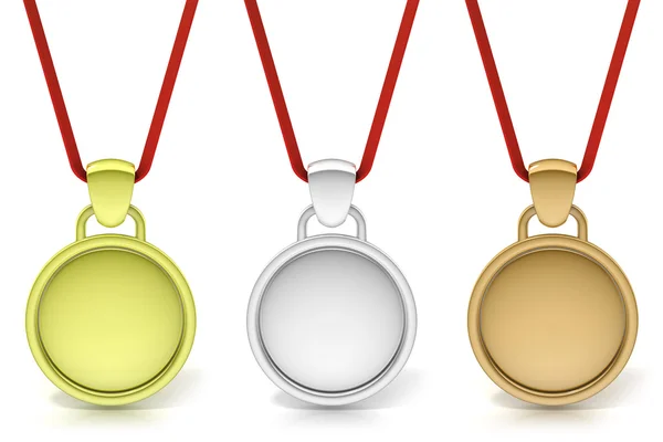 Three simple medals, gold, silver and bronze — Stock Photo, Image