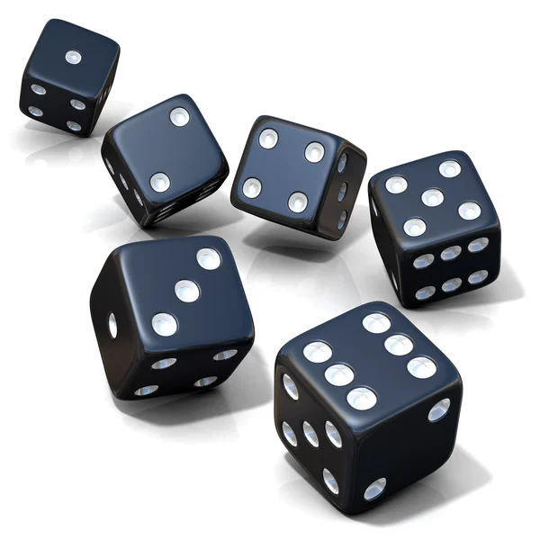 Six black game dices isolated on white background — Stock Photo, Image