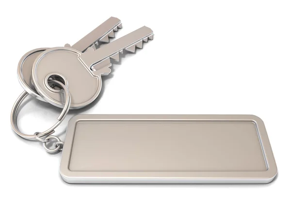 Dos llaves de puerta y etiqueta en blanco rectangular en el anillo. Ilustración 3D, aislada sobre fondo blanco — Foto de Stock