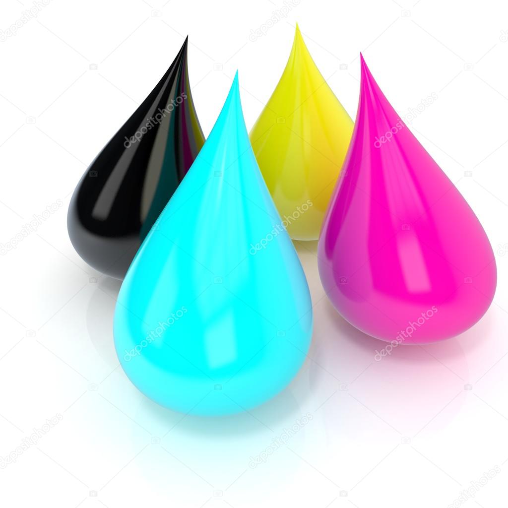 CMYK group of ink droplets isolated on white background