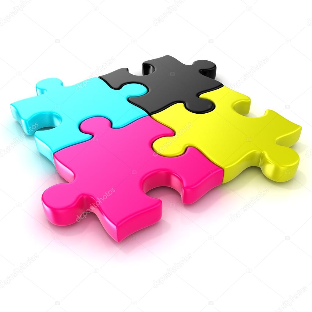 Four CMYK jigsaw puzzle pieces. Isolated on a white background. Top view