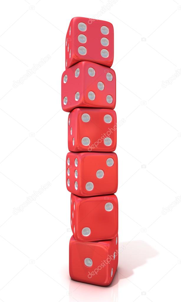 Six standing, red game dices, isolated on white background