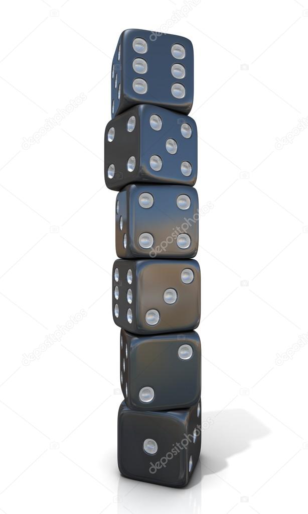 Six standing, black game dices, isolated on white background