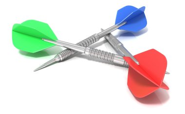 Üçgen, beyaz arka plan üzerinde izole düzenlenen Dart kümesi. Yan görünümü. 3D kavramı