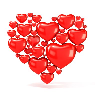 Beyaz arka planda büyük kalp şeklinde düzenlenmiş, tatlı, kırmızı, güzel kalpler. 3D render illüstrasyon