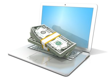 Laptop yüzlerce yığınları ile dolar. 3D render - online iş - kazanç, bankacılık ve alışveriş kavramı