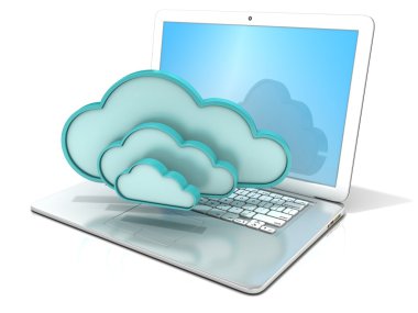 Bulutlar 3d bilgisayar kutsal kişilerin resmi ile dizüstü bilgisayar. 3D render - kavramı bir bulut bilgi işlem