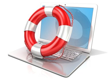 Laptop with lifebuoy. 3D rendering - concept of computer, online help and safety internet surfing clipart