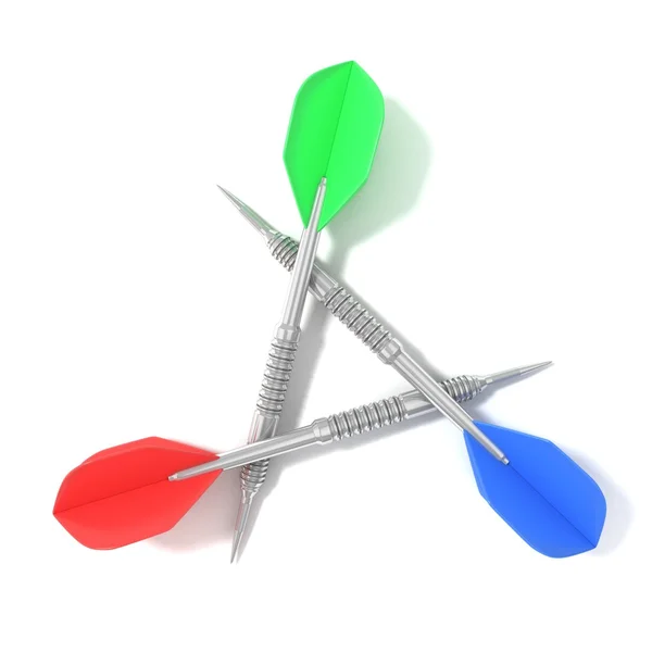 Reihe von Darts in Dreieck angeordnet, isoliert auf weißem Hintergrund. Ansicht von oben. 3D-Konzept — Stockfoto
