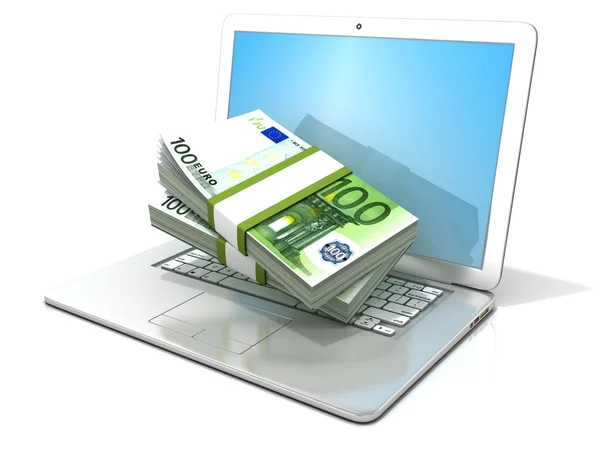 Ноутбук со стопками сотен евро. 3D рендеринг - концепция онлайн бизнеса - зарабатывание, банковское дело и шоппинг — стоковое фото